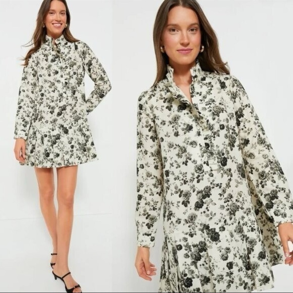 Tuckernuck Cream and Black Floral Long-Sleeve Ruffle Dress